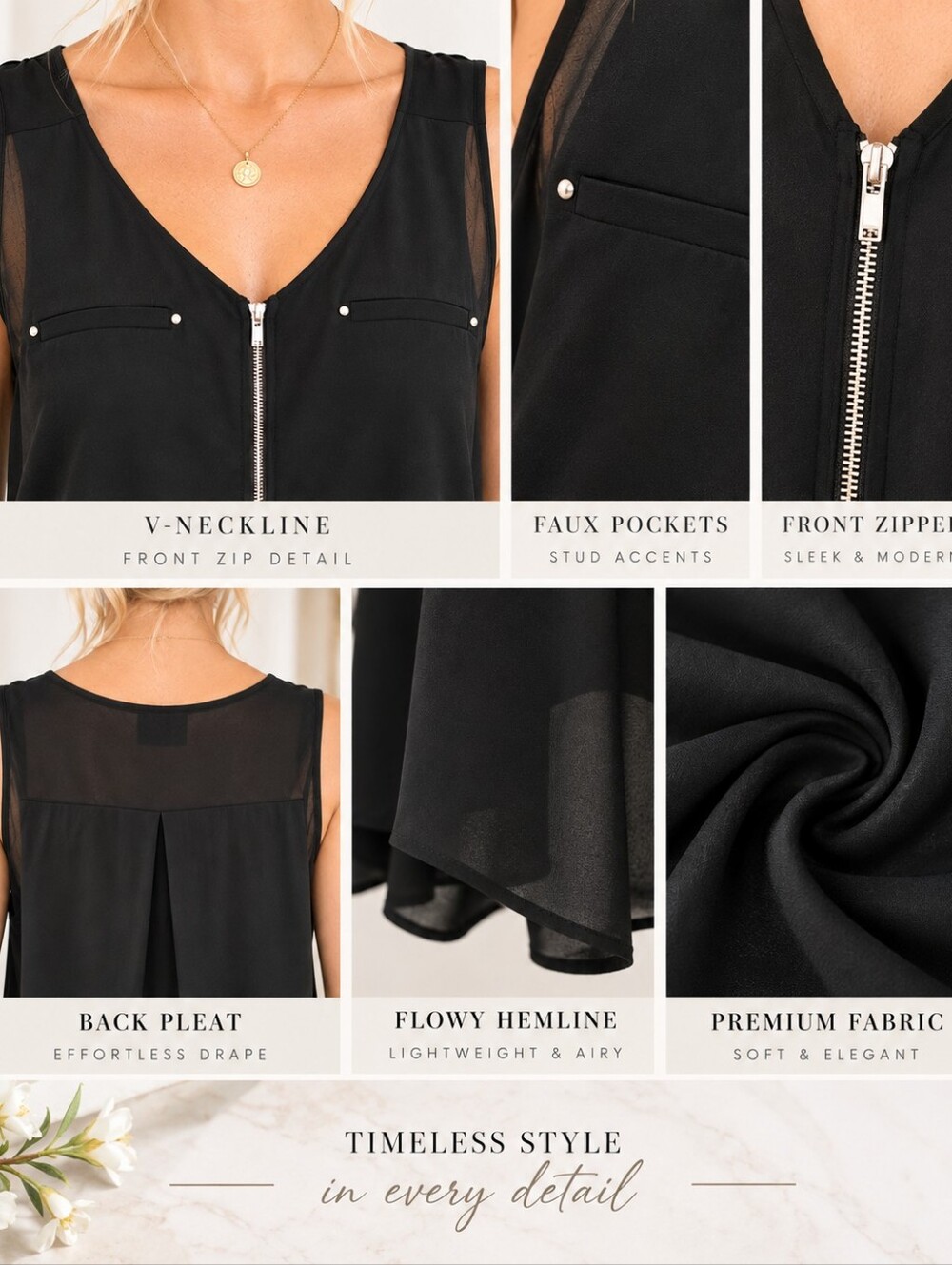 NWT Fortune + Ivy Black Zip Front Sleeveless Blouse | Size 1X - Picture 3 of 9